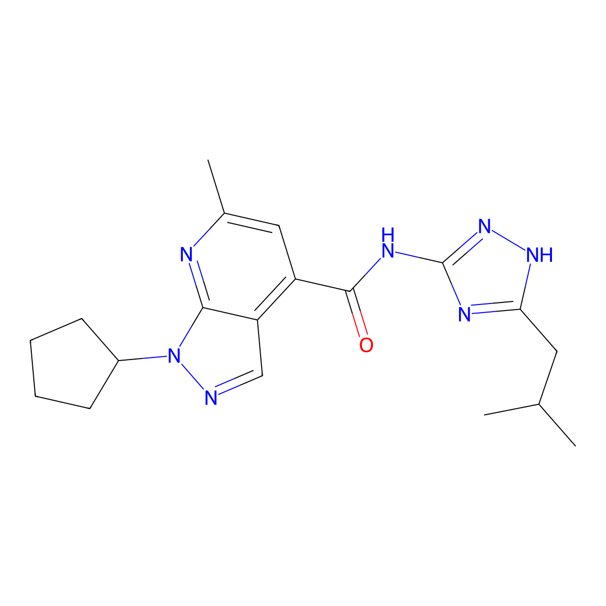 1-cyclopentyl-6-methyl-N-[3-(2-methylpropyl)-1H-1,2,4-triazol-5-yl]-1H-pyrazolo[3,4-b]pyridine-4-carboxamide molecular structure, CAS 1574336-00-7