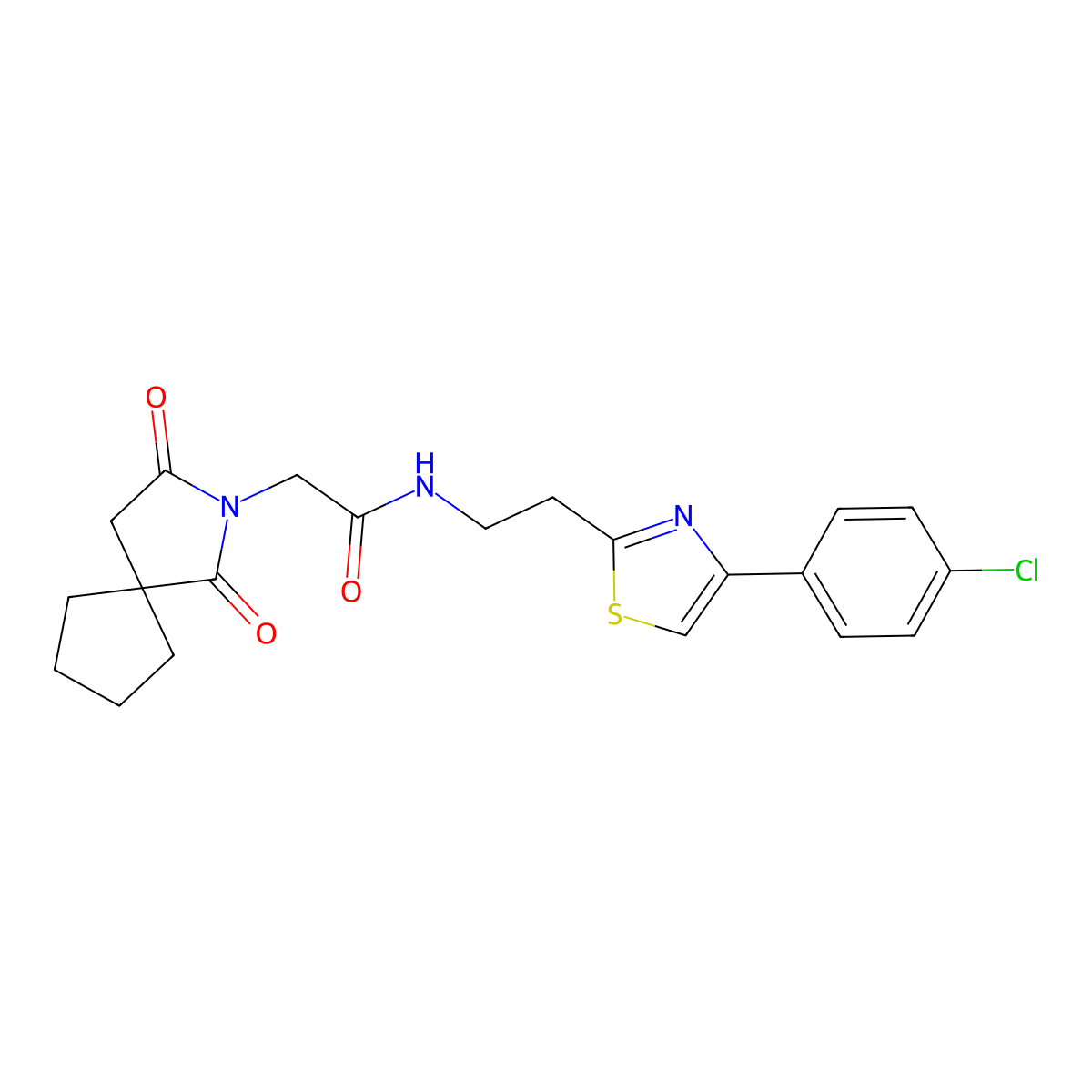 N-{2-[4-(4-chlorophenyl)-1,3-thiazol-2-yl]ethyl}-2-(1,3-dioxo-2-azaspiro[4.4]non-2-yl)acetamide molecular structure, CAS 1574336-36-9