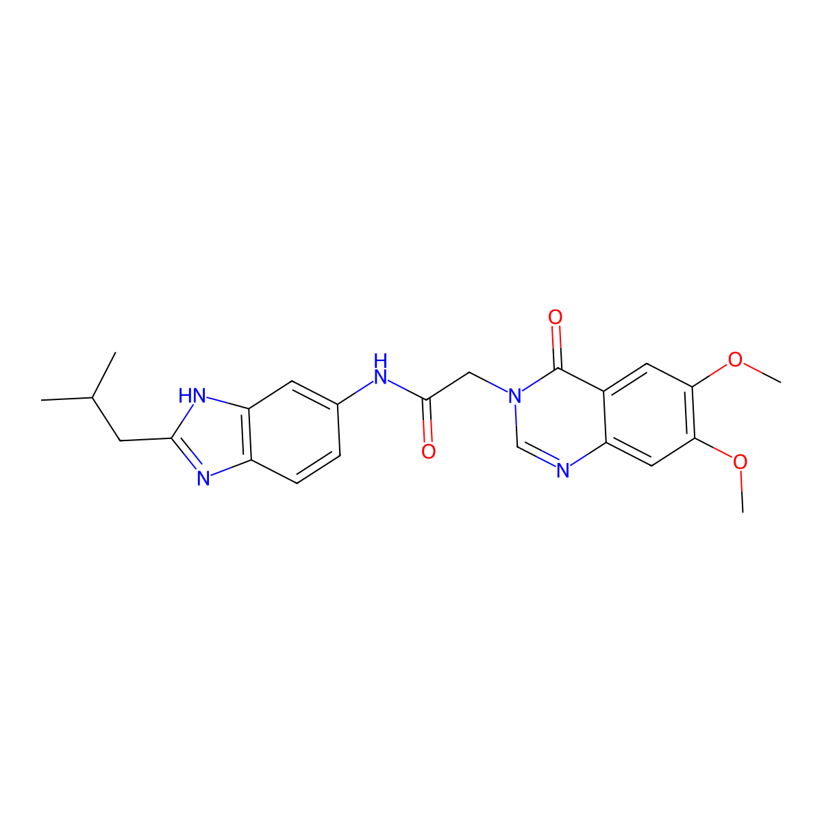 2-(6,7-dimethoxy-4-oxoquinazolin-3(4H)-yl)-N-[2-(2-methylpropyl)-1H-benzimidazol-6-yl]acetamide molecular structure, CAS 1574336-59-6