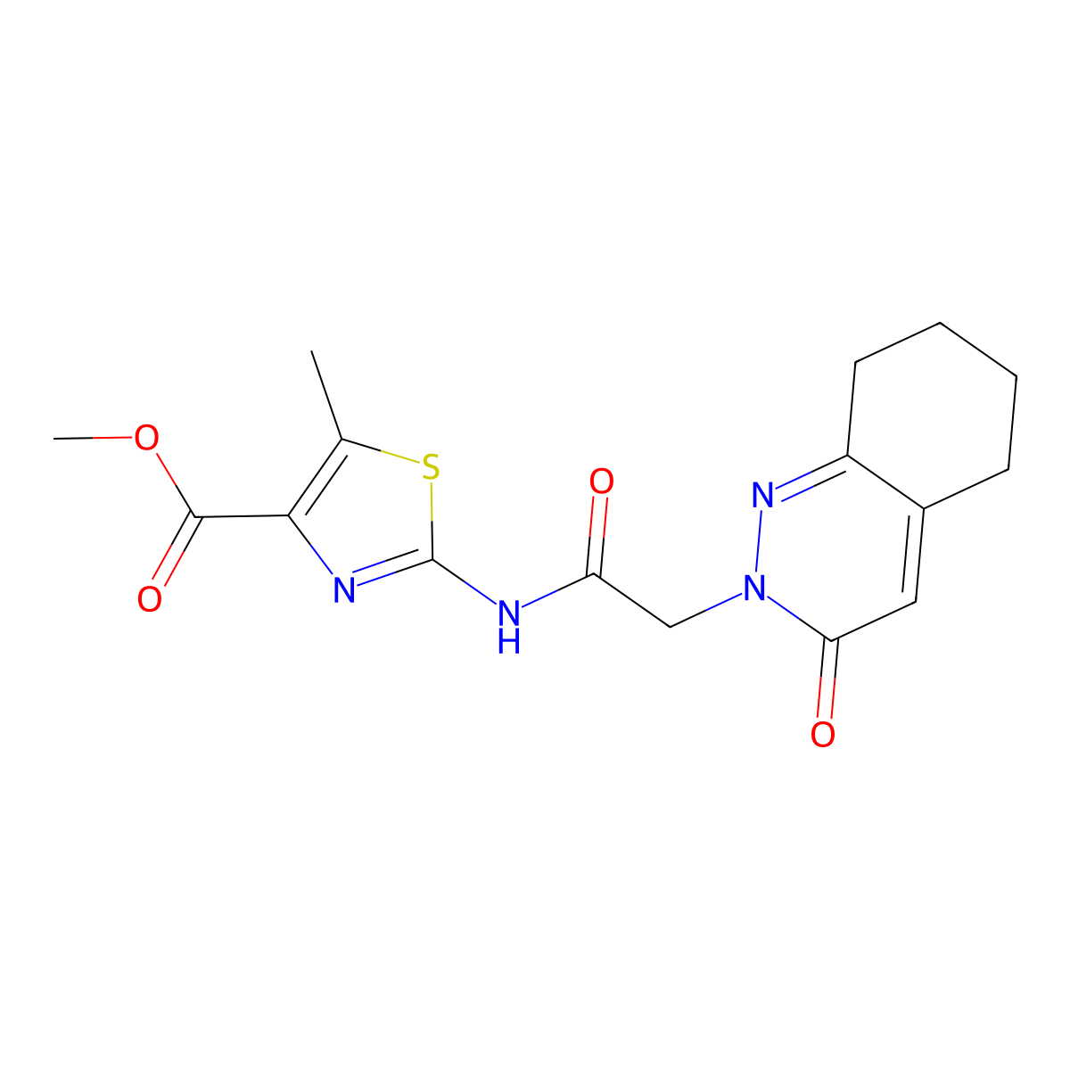 methyl 5-methyl-2-{[(3-oxo-5,6,7,8-tetrahydrocinnolin-2(3H)-yl)acetyl]amino}-1,3-thiazole-4-carboxylate molecular structure, CAS 1574336-85-8