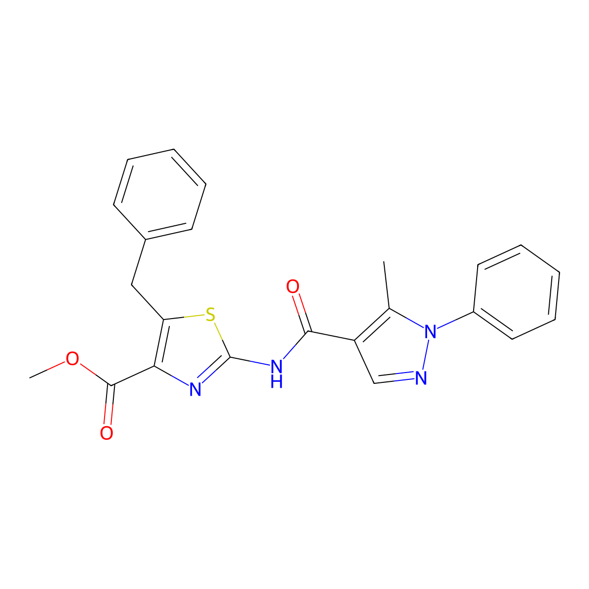 methyl 5-benzyl-2-{[(5-methyl-1-phenyl-1H-pyrazol-4-yl)carbonyl]amino}-1,3-thiazole-4-carboxylate molecular structure, CAS 1574336-94-9