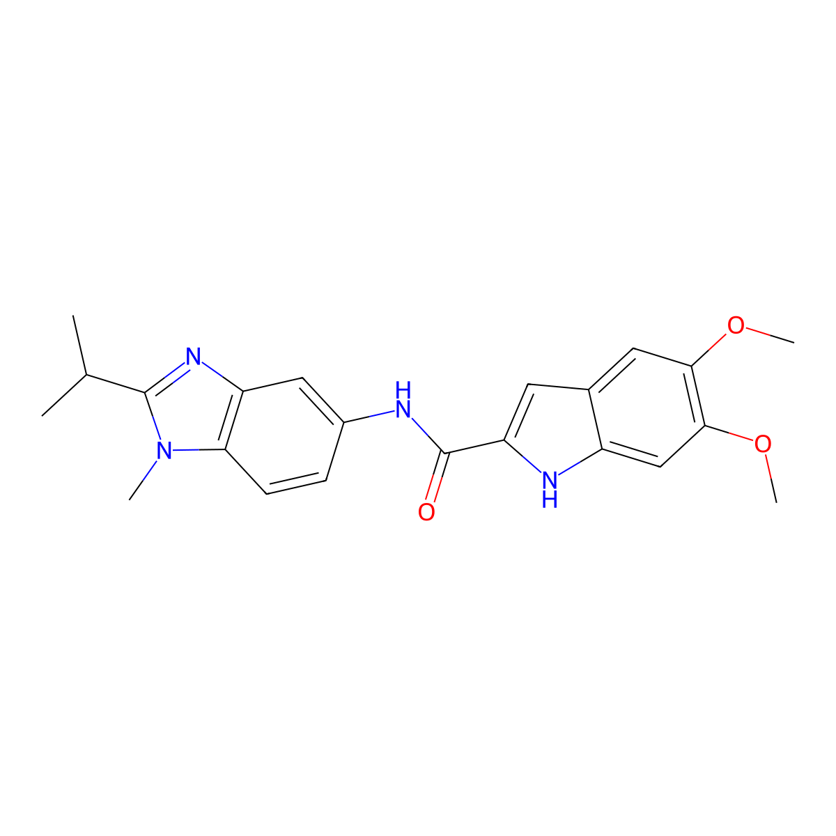 5,6-dimethoxy-N-[1-methyl-2-(propan-2-yl)-1H-benzimidazol-5-yl]-1H-indole-2-carboxamide molecular structure, CAS 1574337-12-4