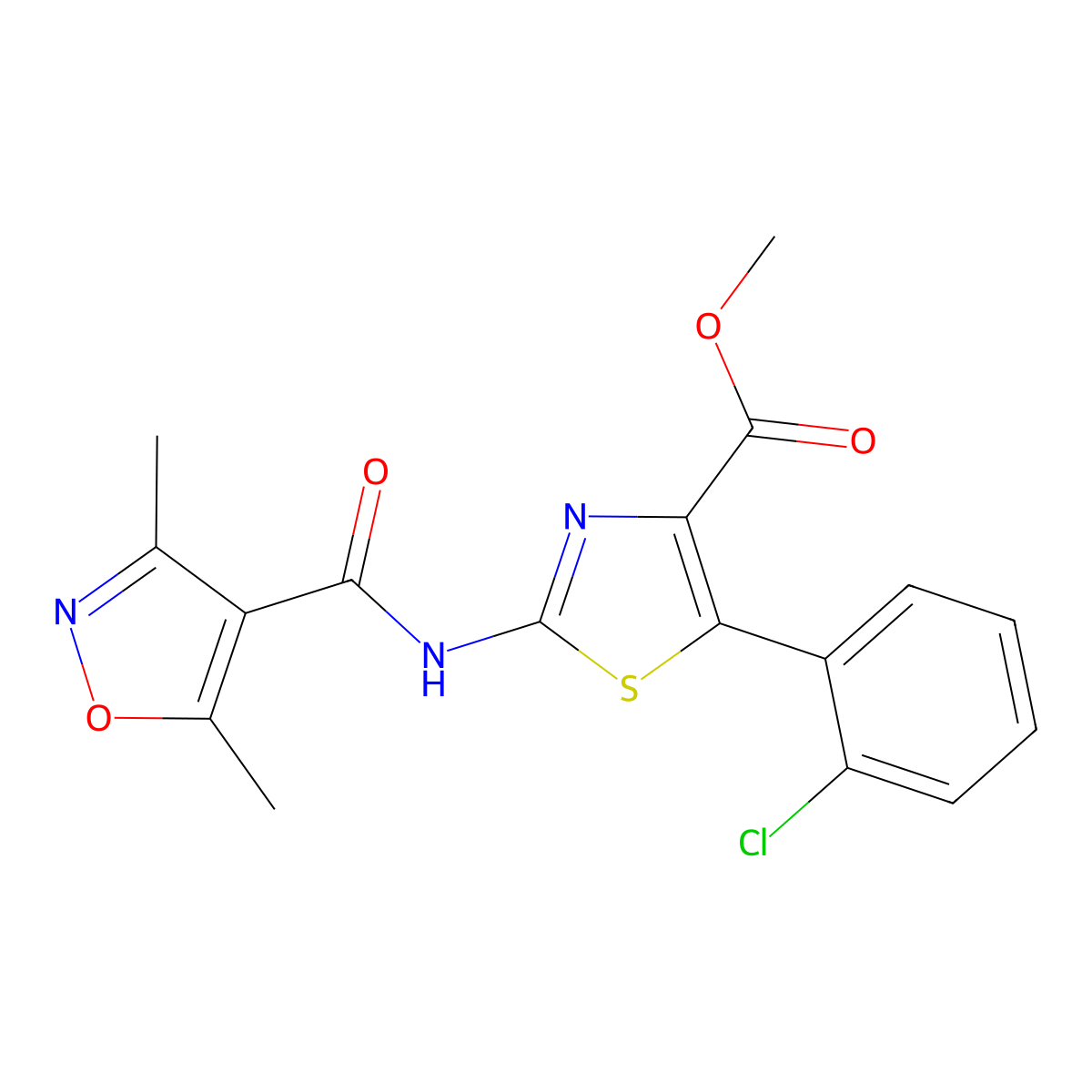 Methyl 5-(2-chlorophenyl)-2-{[(3,5-dimethyl-4-isoxazolyl)carbonyl]amino}-1,3-thiazole-4-carboxylate molecular structure, CAS 1574338-55-8