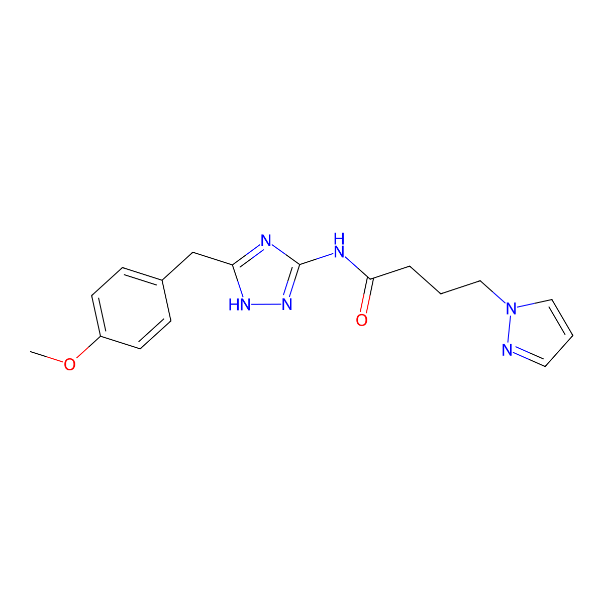 N-[3-(4-methoxybenzyl)-1H-1,2,4-triazol-5-yl]-4-(1H-pyrazol-1-yl)butanamide molecular structure, CAS 1574338-82-1