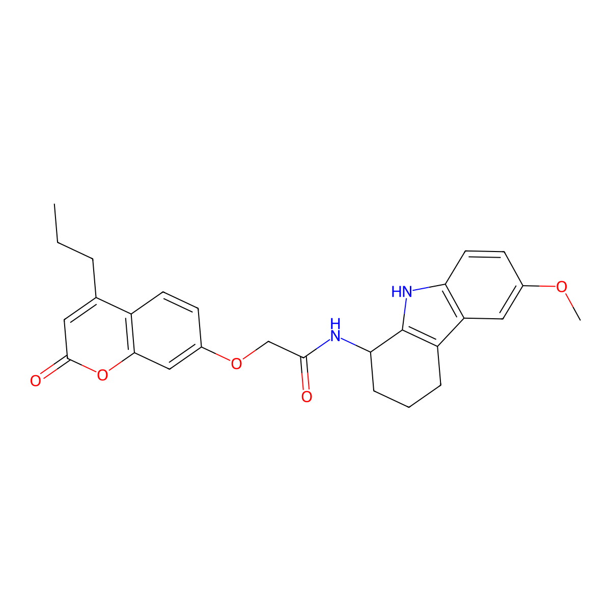 N-(6-methoxy-2,3,4,9-tetrahydro-1H-carbazol-1-yl)-2-[(2-oxo-4-propyl-2H-chromen-7-yl)oxy]acetamide molecular structure, CAS 1574339-29-9