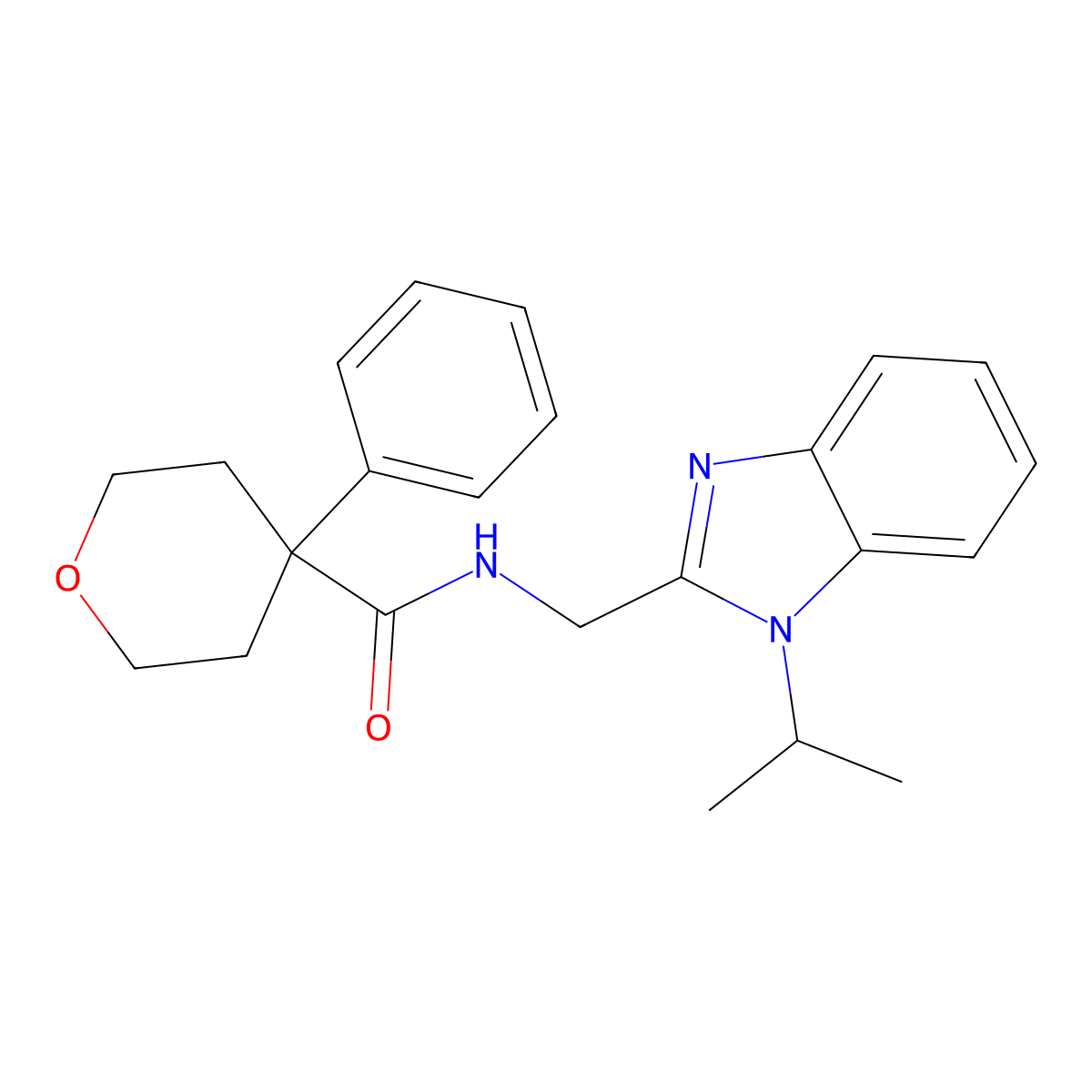 4-phenyl-N-{[1-(propan-2-yl)-1H-benzimidazol-2-yl]methyl}tetrahydro-2H-pyran-4-carboxamide molecular structure, CAS 1574343-81-9