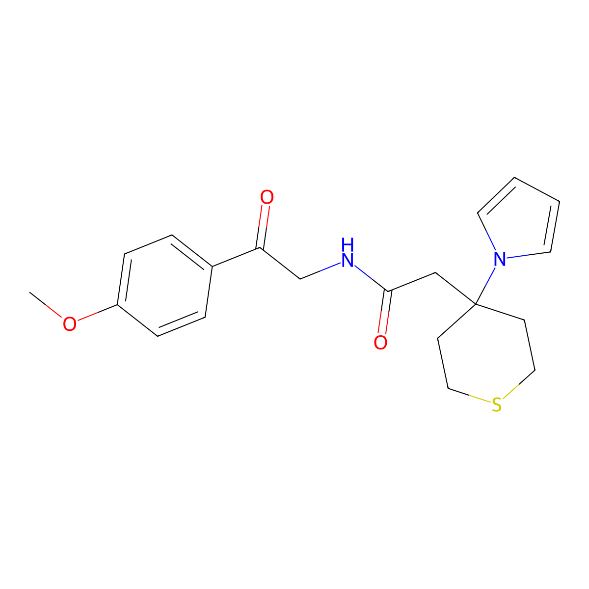 N-[2-(4-methoxyphenyl)-2-oxoethyl]-2-[4-(1H-pyrrol-1-yl)tetrahydro-2H-thiopyran-4-yl]acetamide molecular structure, CAS 1574345-88-2