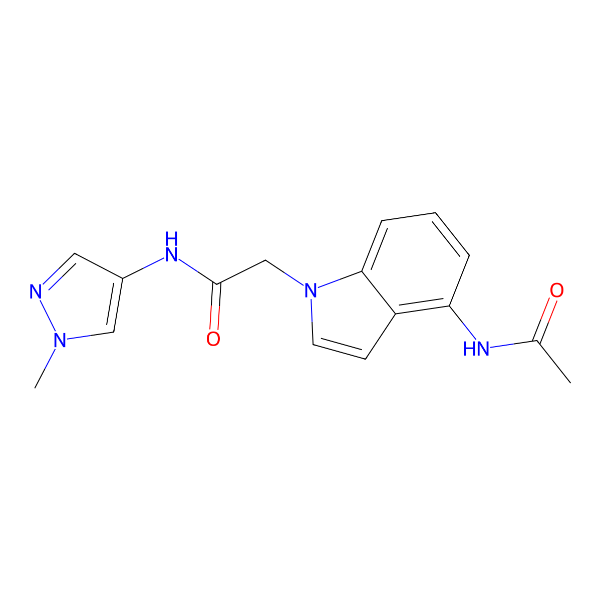 2-[4-(acetylamino)-1H-indol-1-yl]-N-(1-methyl-1H-pyrazol-4-yl)acetamide molecular structure, CAS 1574346-07-8