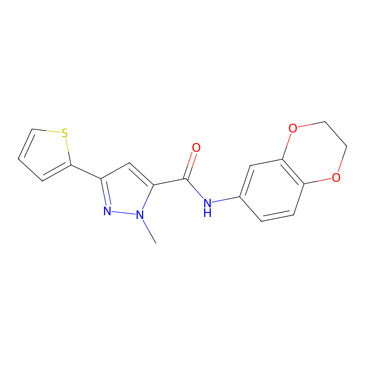 N-(2,3-dihydro-1,4-benzodioxin-6-yl)-1-methyl-3-(thiophen-2-yl)-1H-pyrazole-5-carboxamide molecular structure, CAS 1574346-36-3