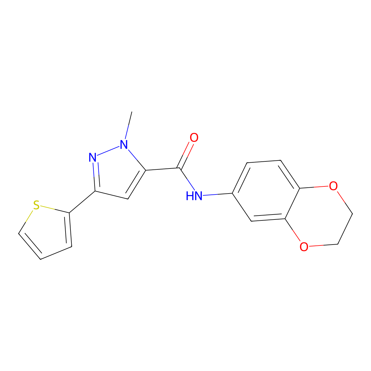 N-(2,3-dihydro-1,4-benzodioxin-6-yl)-1-methyl-3-(thiophen-2-yl)-1H-pyrazole-5-carboxamide molecular structure, CAS 1574346-36-3