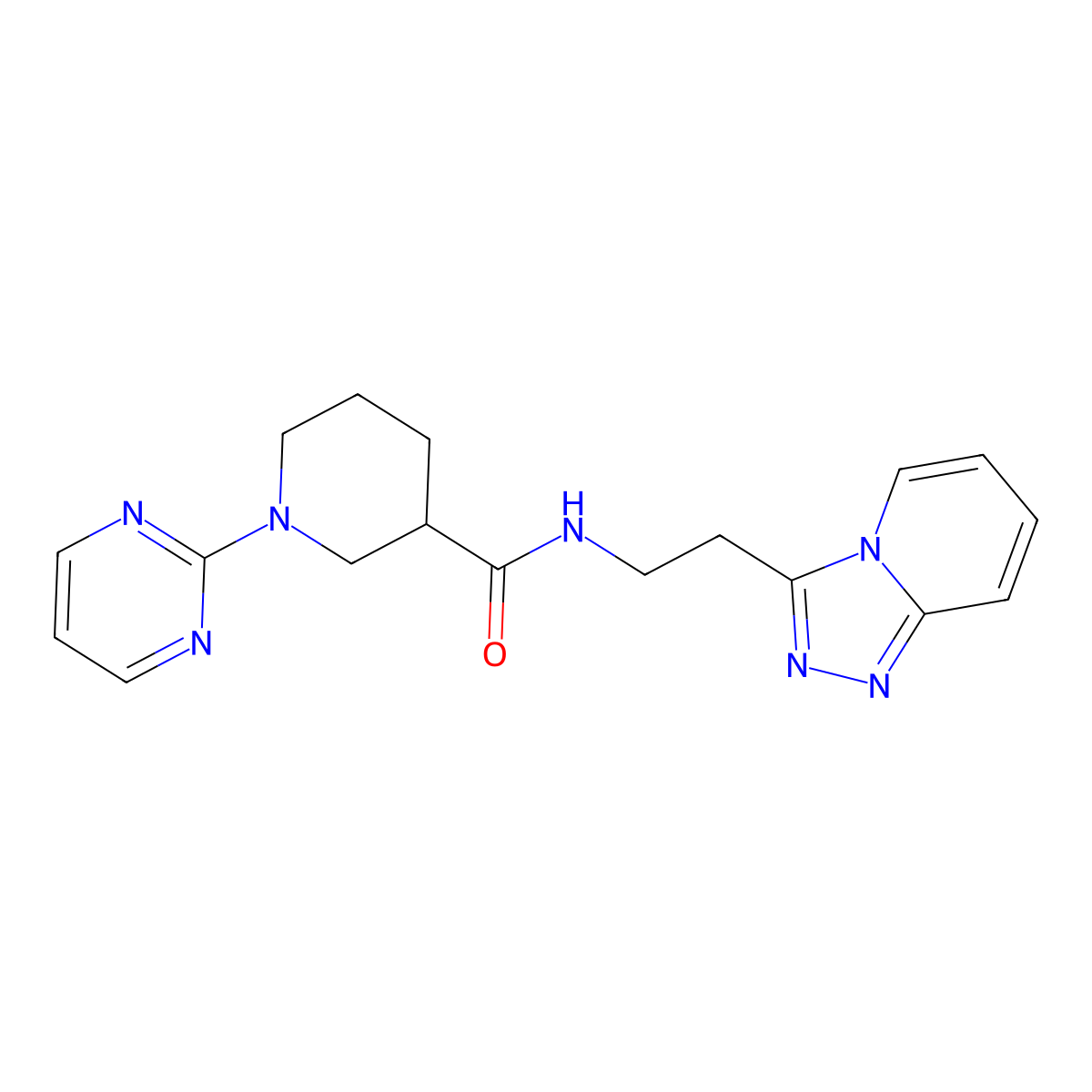 1-(2-pyrimidinyl)-N-(2-[1,2,4]triazolo[4,3-a]pyridin-3-ylethyl)-3-piperidinecarboxamide molecular structure, CAS 1574347-43-5