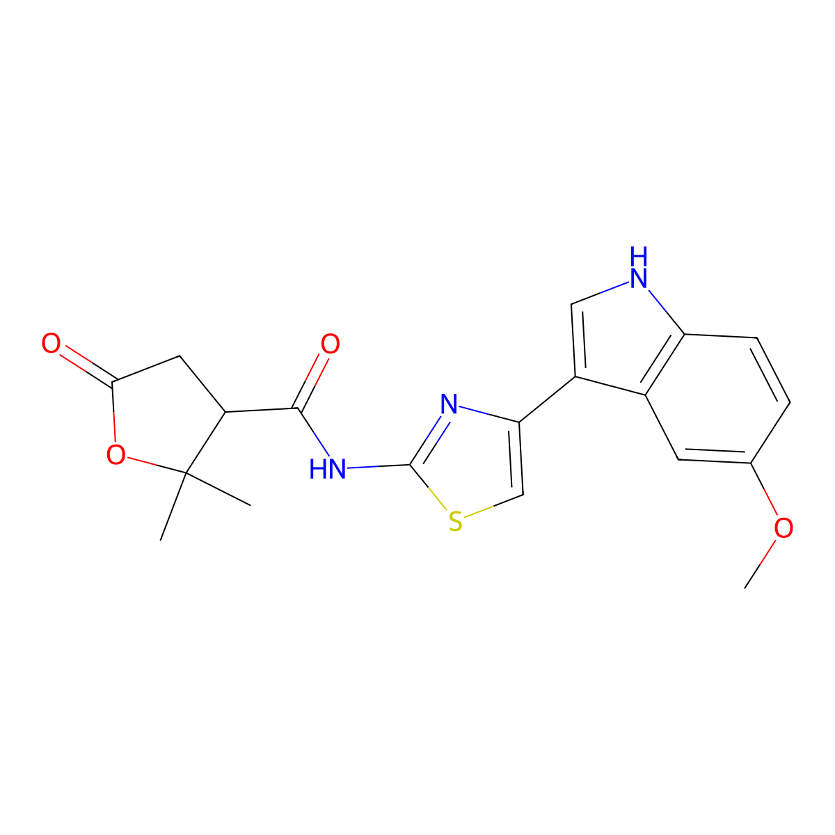 N-[4-(5-methoxy-1H-indol-3-yl)-1,3-thiazol-2-yl]-2,2-dimethyl-5-oxotetrahydrofuran-3-carboxamide molecular structure, CAS 1574351-50-0