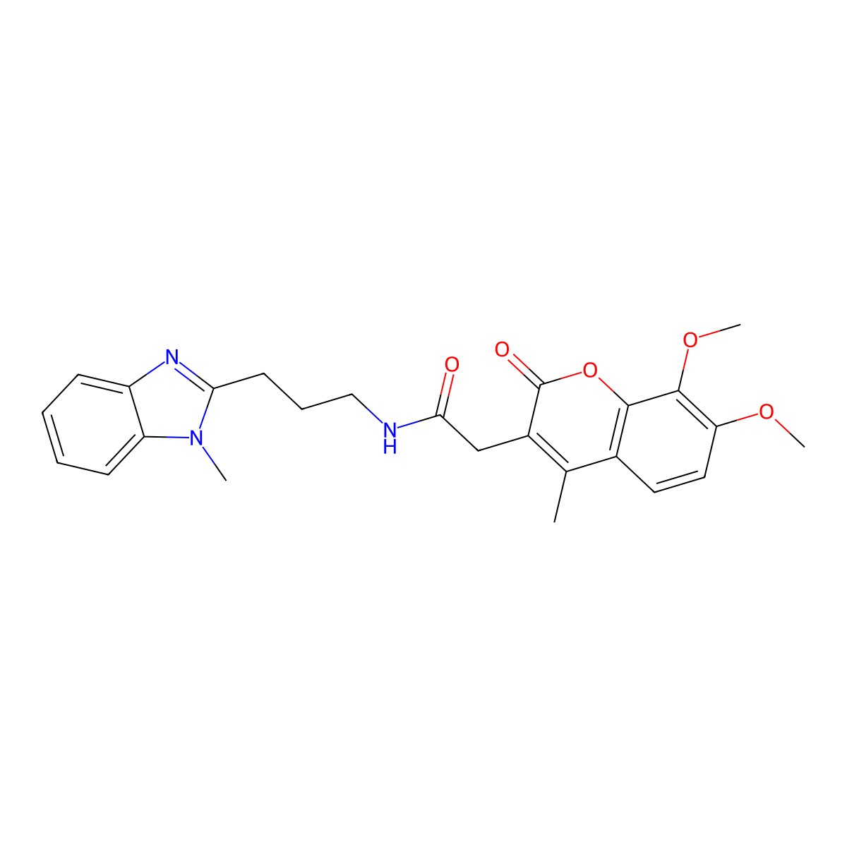 2-(7,8-dimethoxy-4-methyl-2-oxo-2H-chromen-3-yl)-N-[3-(1-methyl-1H-benzimidazol-2-yl)propyl]acetamide molecular structure, CAS 1574353-19-7