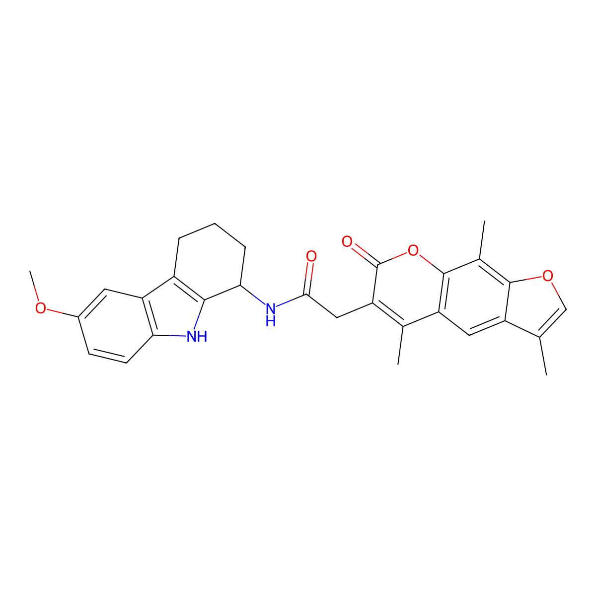 N-(6-methoxy-2,3,4,9-tetrahydro-1H-carbazol-1-yl)-2-(3,5,9-trimethyl-7-oxo-7H-furo[3,2-g]chromen-6-yl)acetamide molecular structure, CAS 1574353-27-7