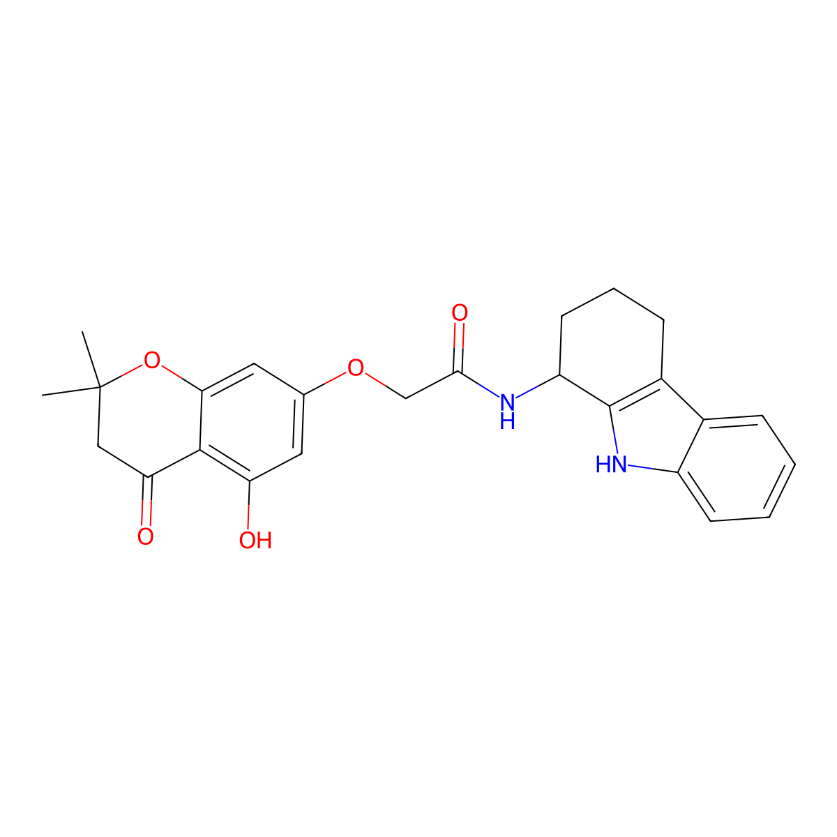 2-[(5-hydroxy-2,2-dimethyl-4-oxo-3,4-dihydro-2H-chromen-7-yl)oxy]-N-(2,3,4,9-tetrahydro-1H-carbazol-1-yl)acetamide molecular structure, CAS 1574354-09-8
