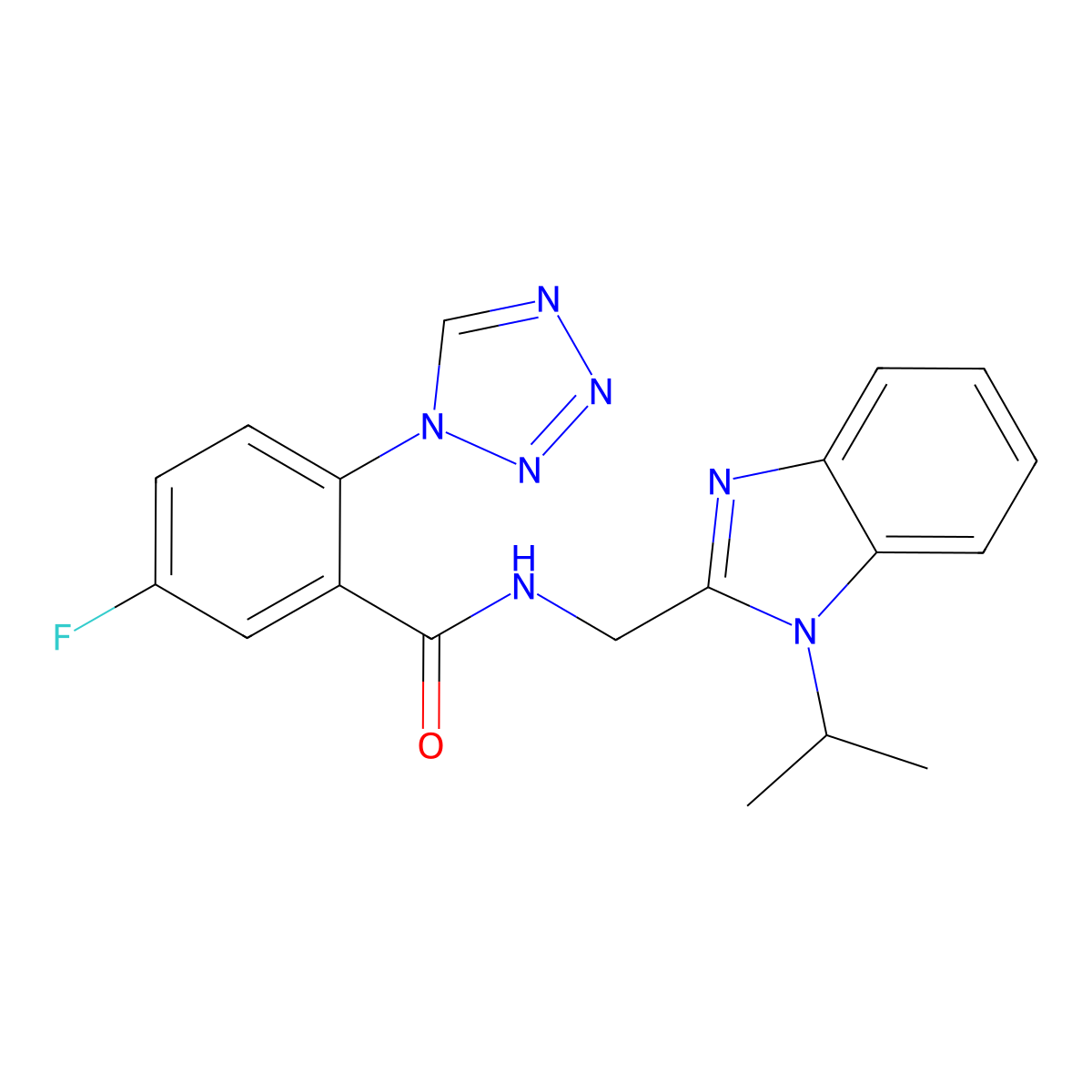 5-fluoro-N-{[1-(propan-2-yl)-1H-benzimidazol-2-yl]methyl}-2-(1H-tetrazol-1-yl)benzamide molecular structure, CAS 1574354-43-0