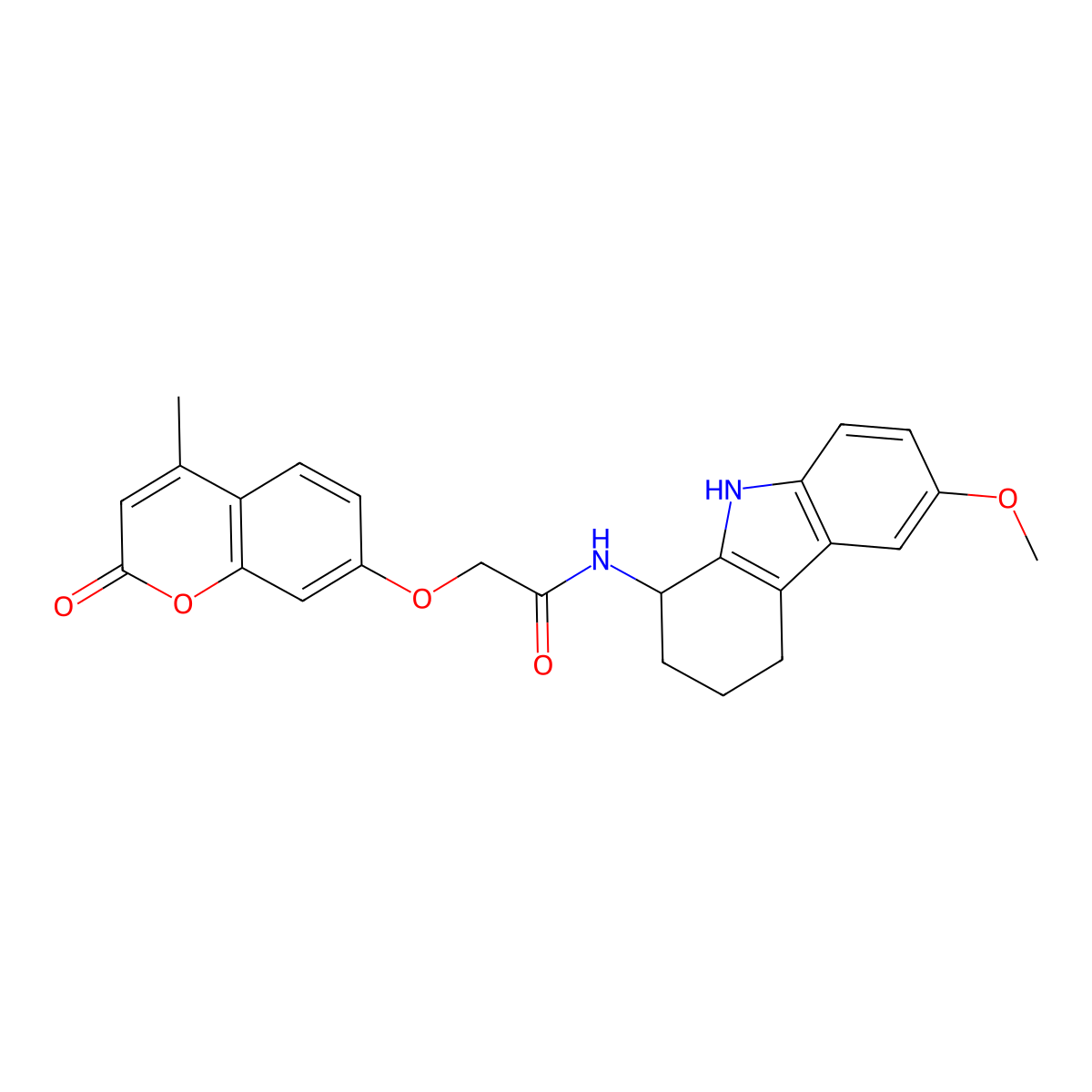 N-(6-methoxy-2,3,4,9-tetrahydro-1H-carbazol-1-yl)-2-[(4-methyl-2-oxo-2H-chromen-7-yl)oxy]acetamide molecular structure, CAS 1574354-48-5