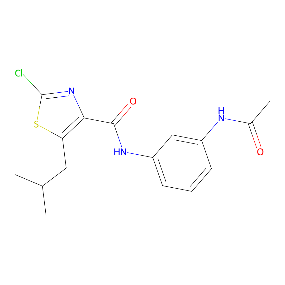 N-[3-(acetylamino)phenyl]-2-chloro-5-(2-methylpropyl)-1,3-thiazole-4-carboxamide molecular structure, CAS 1574354-86-1