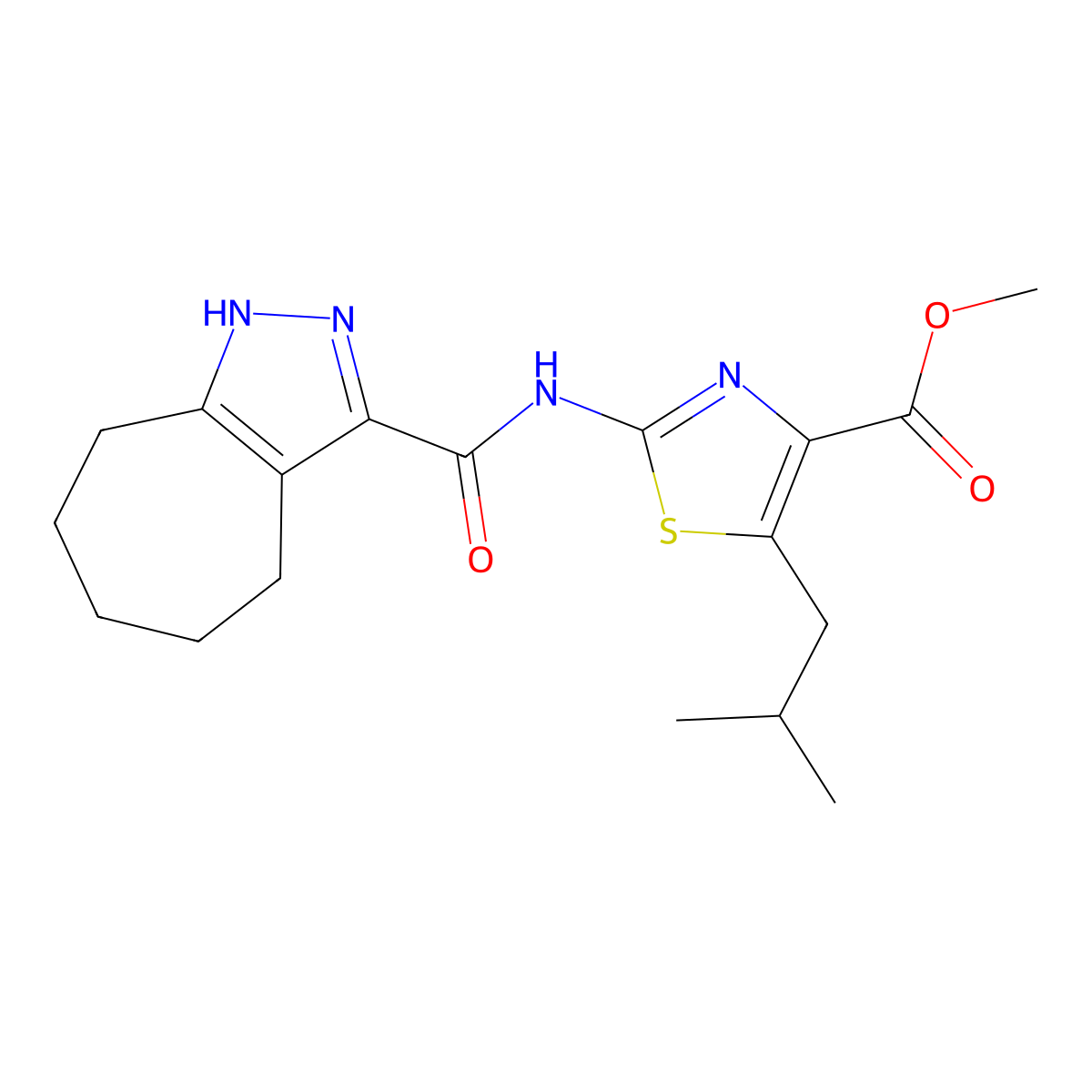 Methyl 2-[(2,4,5,6,7,8-hexahydrocyclohepta[c]pyrazol-3-ylcarbonyl)amino]-5-(2-methylpropyl)-1,3-thiazole-4-carboxylate molecular structure, CAS 1574354-90-7