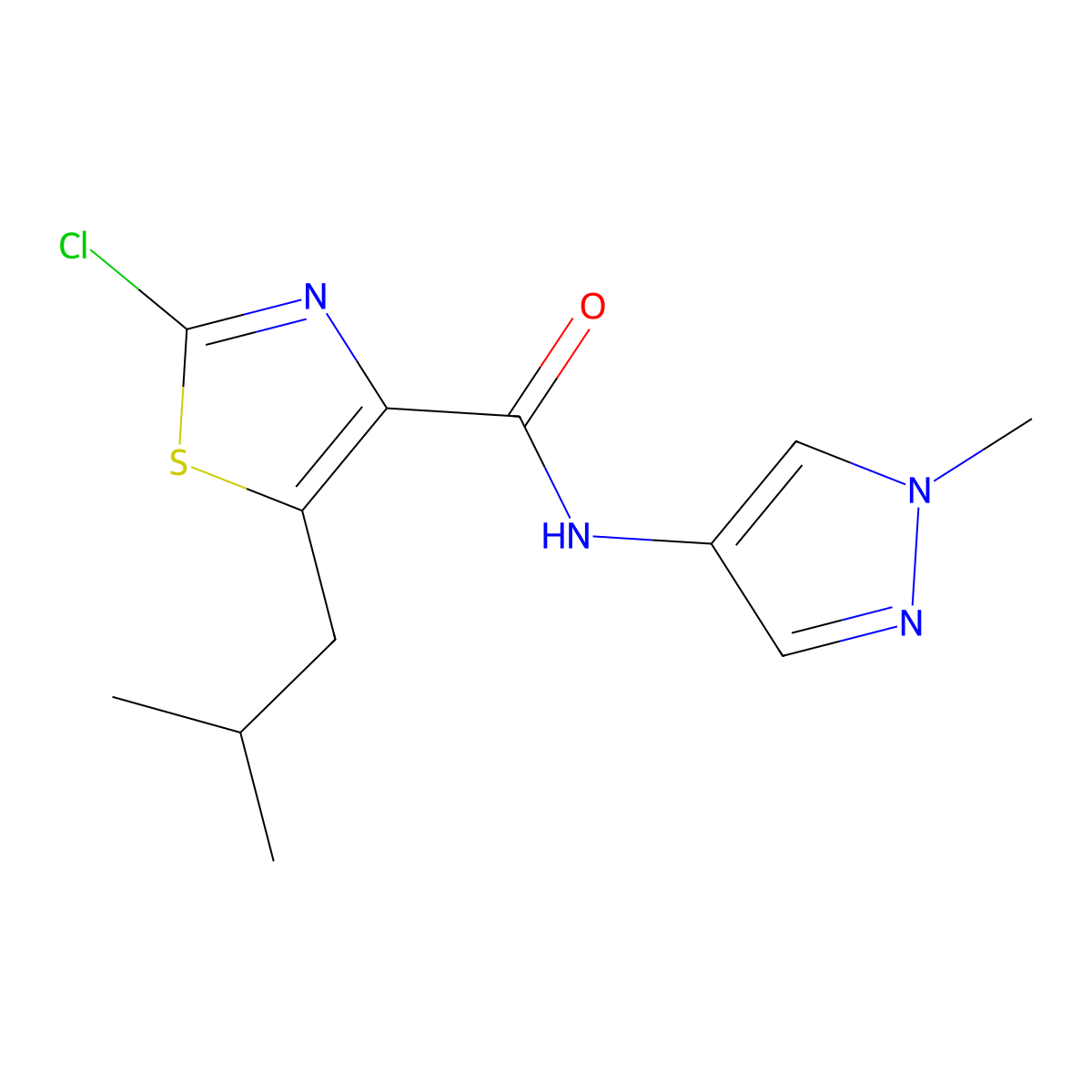 2-chloro-5-(2-methylpropyl)-N-(1-methyl-1H-pyrazol-4-yl)-1,3-thiazole-4-carboxamide molecular structure, CAS 1574355-18-2