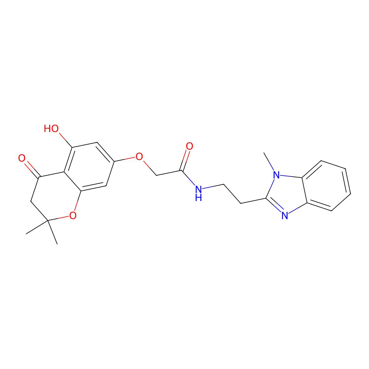2-[(5-hydroxy-2,2-dimethyl-4-oxo-3,4-dihydro-2H-chromen-7-yl)oxy]-N-[2-(1-methyl-1H-benzimidazol-2-yl)ethyl]acetamide molecular structure, CAS 1574355-53-5