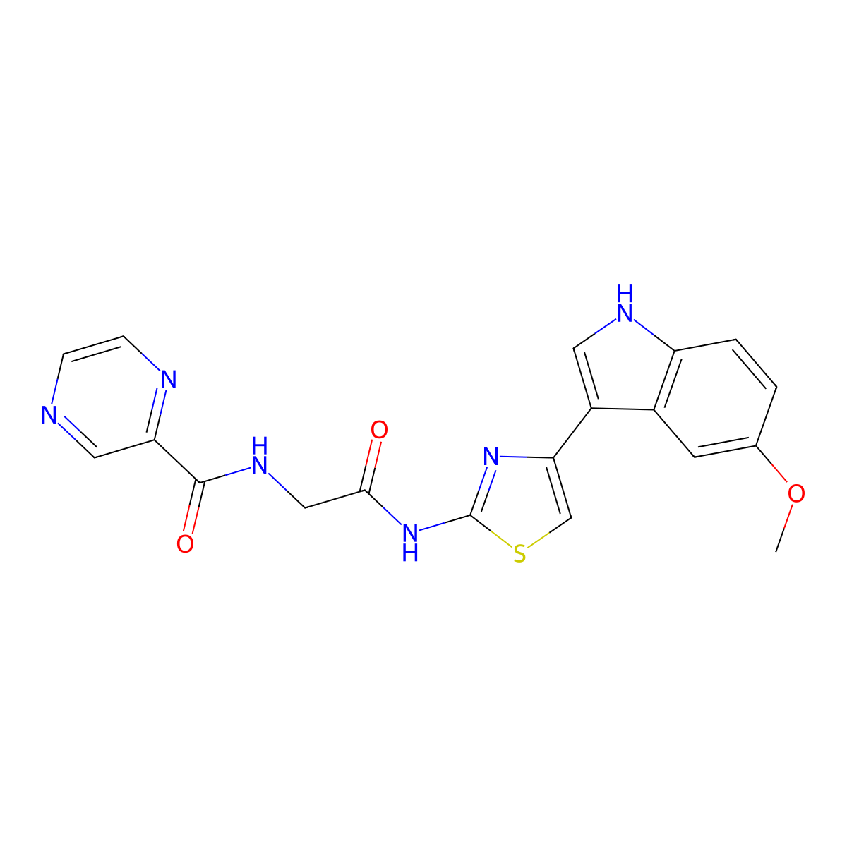 N-(2-((4-(5-methoxy-1H-indol-3-yl)thiazol-2-yl)amino)-2-oxoethyl)pyrazine-2-carboxamide molecular structure, CAS 1574359-60-6