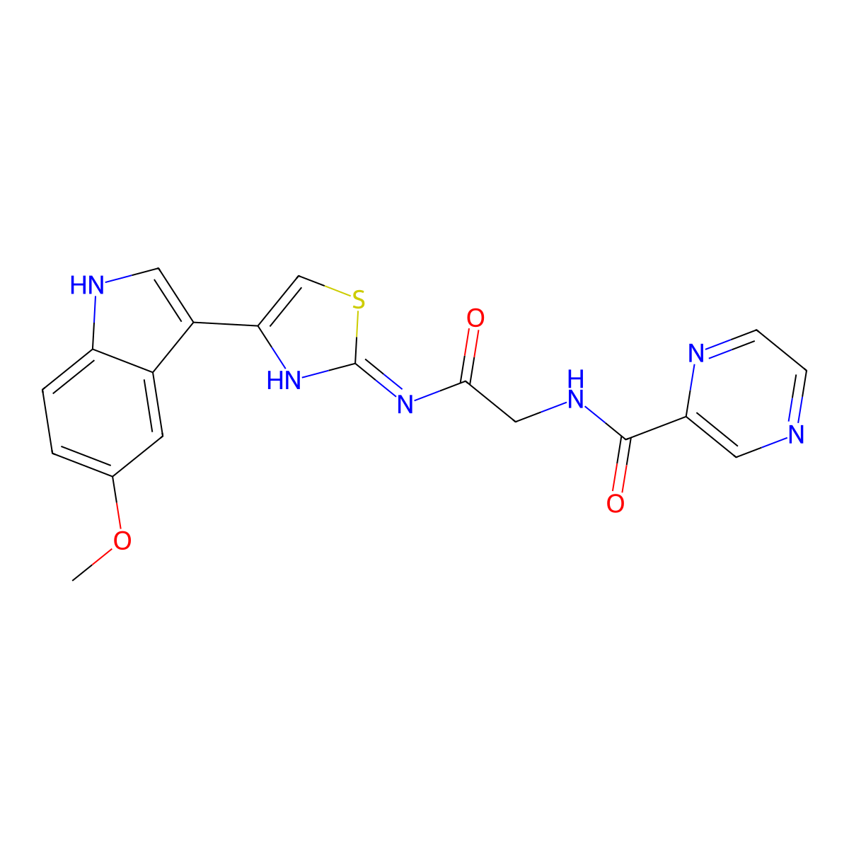 N-(2-((4-(5-methoxy-1H-indol-3-yl)thiazol-2-yl)amino)-2-oxoethyl)pyrazine-2-carboxamide molecular structure, CAS 1574359-60-6