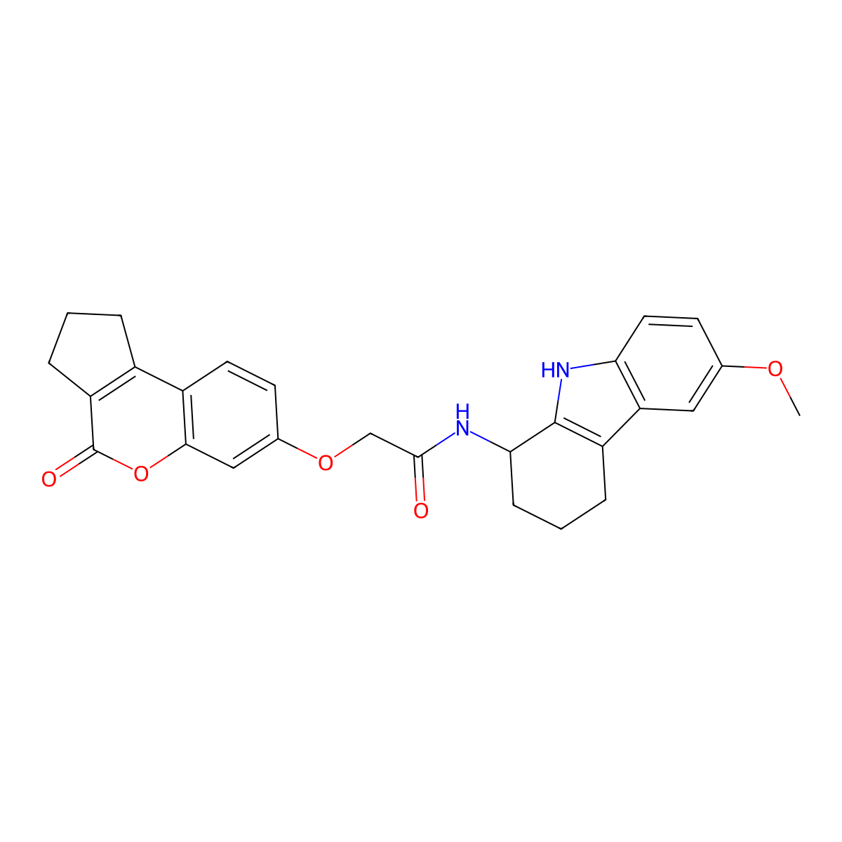 N-(6-methoxy-2,3,4,9-tetrahydro-1H-carbazol-1-yl)-2-[(4-oxo-1,2,3,4-tetrahydrocyclopenta[c]chromen-7-yl)oxy]acetamide molecular structure, CAS 1574359-97-9