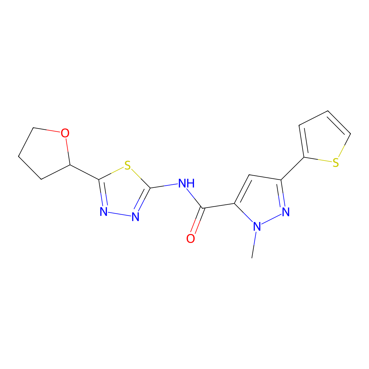 1-methyl-N-(5-(tetrahydrofuran-2-yl)-1,3,4-thiadiazol-2-yl)-3-(thiophen-2-yl)-1H-pyrazole-5-carboxamide molecular structure, CAS 1574360-31-8