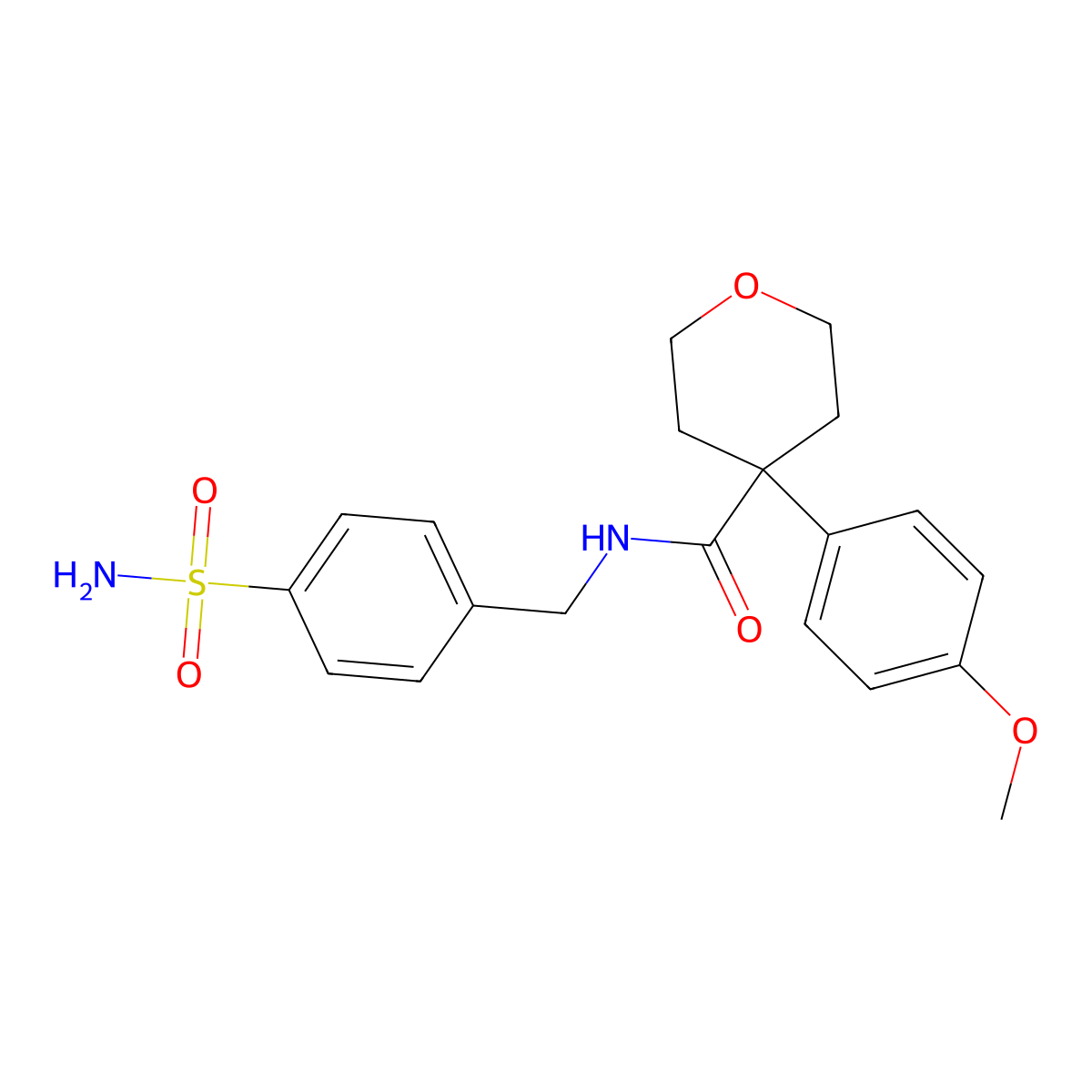 4-(4-methoxyphenyl)-N-(4-sulfamoylbenzyl)tetrahydro-2H-pyran-4-carboxamide molecular structure, CAS 1574360-35-2