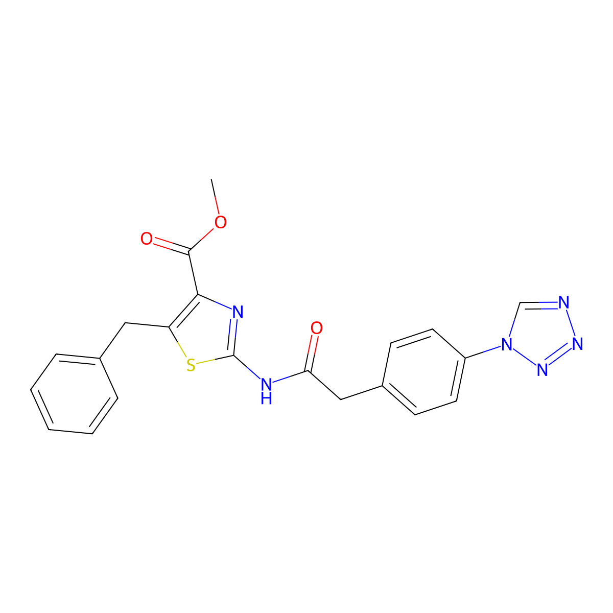 methyl 5-benzyl-2-({[4-(1H-tetrazol-1-yl)phenyl]acetyl}amino)-1,3-thiazole-4-carboxylate molecular structure, CAS 1574360-45-4