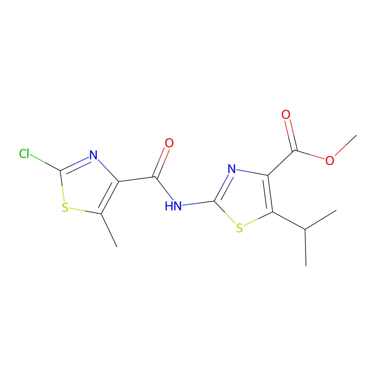 Methyl 2-{[(2-chloro-5-methyl-1,3-thiazol-4-yl)carbonyl]amino}-5-(propan-2-yl)-1,3-thiazole-4-carboxylate molecular structure, CAS 1574361-37-7