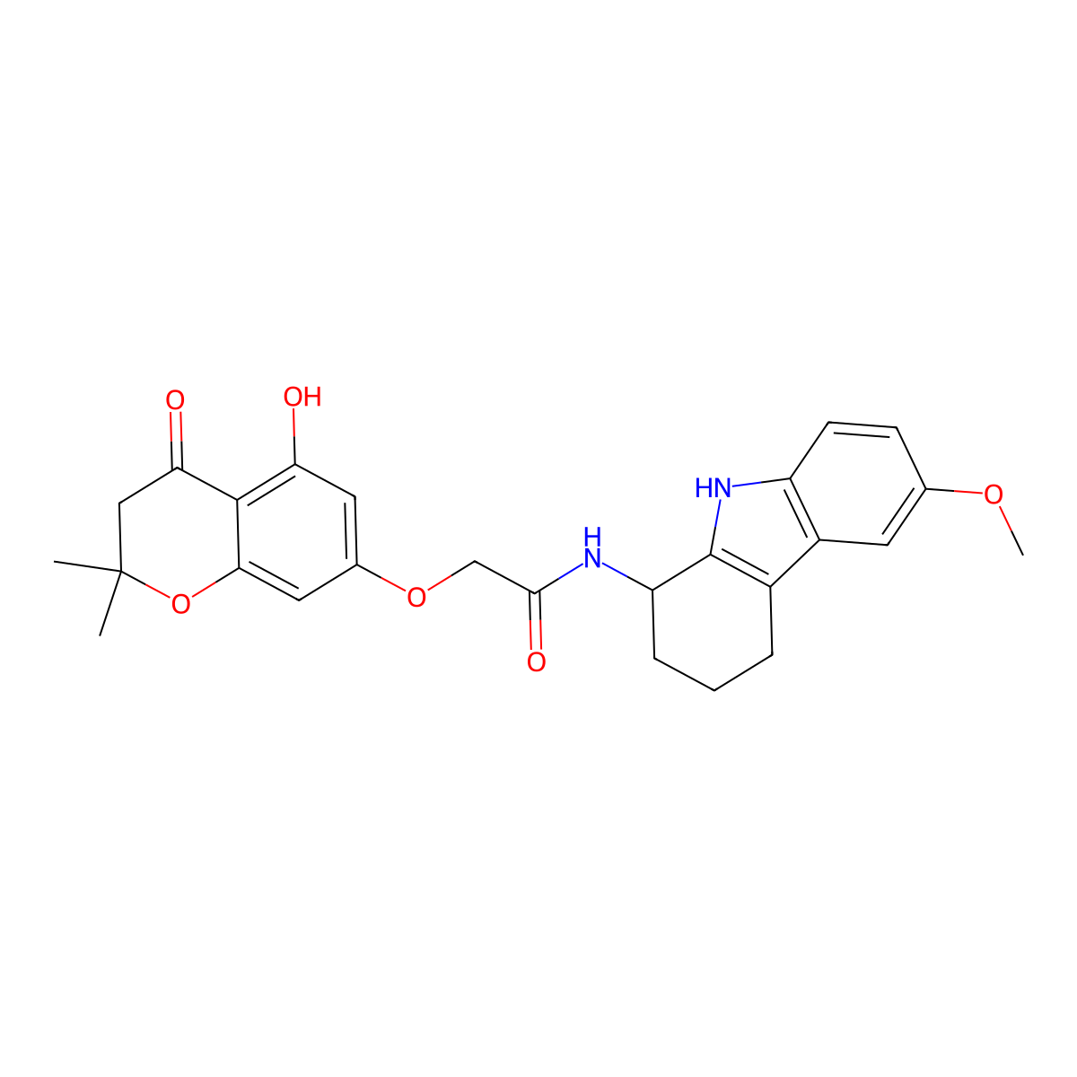 2-[(5-hydroxy-2,2-dimethyl-4-oxo-3,4-dihydro-2H-chromen-7-yl)oxy]-N-(6-methoxy-2,3,4,9-tetrahydro-1H-carbazol-1-yl)acetamide molecular structure, CAS 1574361-46-8