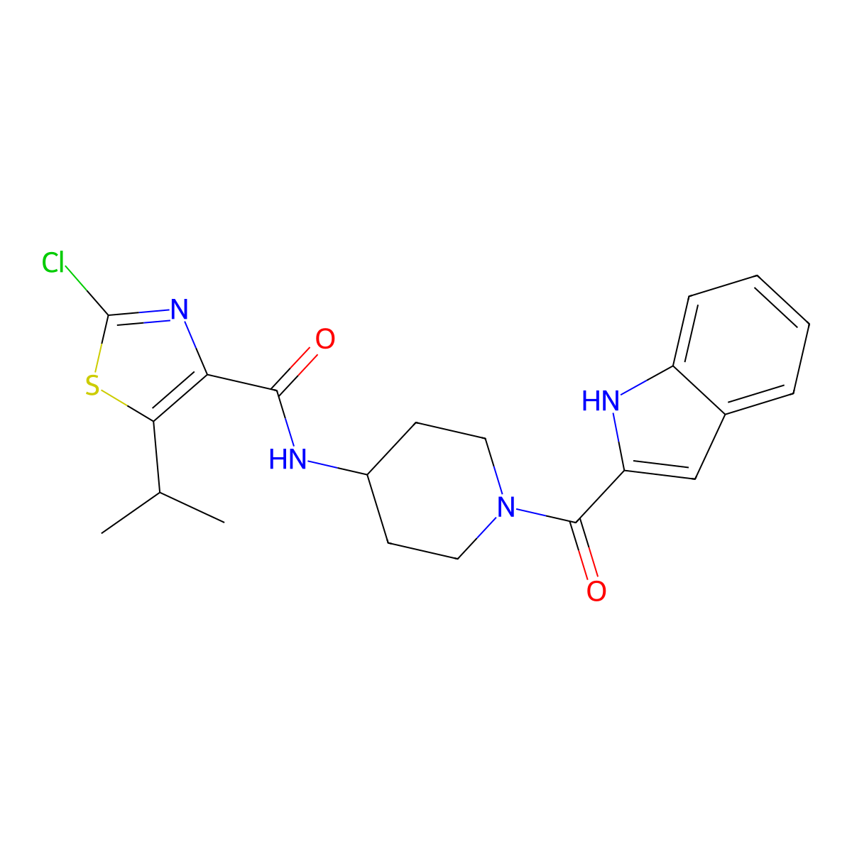 2-chloro-N-[1-(1H-indol-2-ylcarbonyl)piperidin-4-yl]-5-(propan-2-yl)-1,3-thiazole-4-carboxamide molecular structure, CAS 1574361-63-9