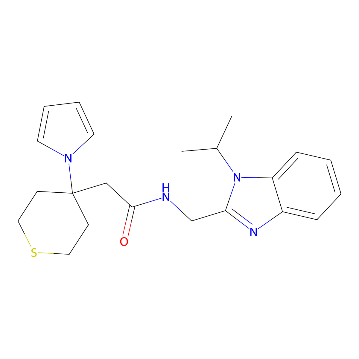 N-{[1-(propan-2-yl)-1H-benzimidazol-2-yl]methyl}-2-[4-(1H-pyrrol-1-yl)tetrahydro-2H-thiopyran-4-yl]acetamide molecular structure, CAS 1574362-28-9