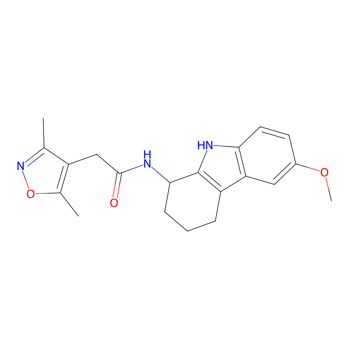 2-(3,5-dimethyl-1,2-oxazol-4-yl)-N-(6-methoxy-2,3,4,9-tetrahydro-1H-carbazol-1-yl)acetamide molecular structure, CAS 1574363-84-0