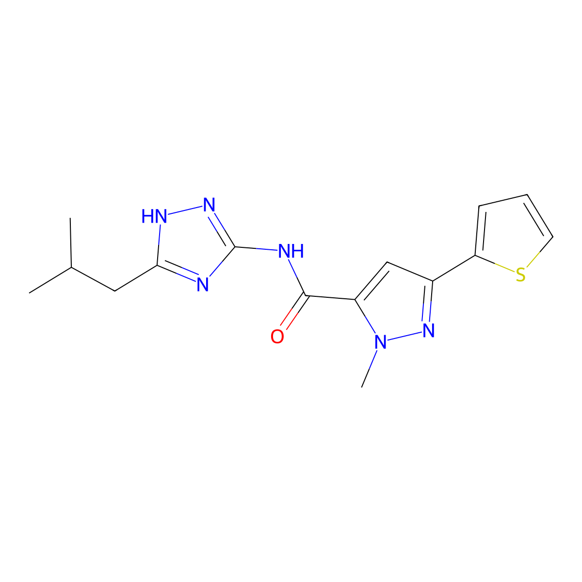 1-methyl-N-[3-(2-methylpropyl)-1H-1,2,4-triazol-5-yl]-3-(thiophen-2-yl)-1H-pyrazole-5-carboxamide molecular structure, CAS 1574364-52-5