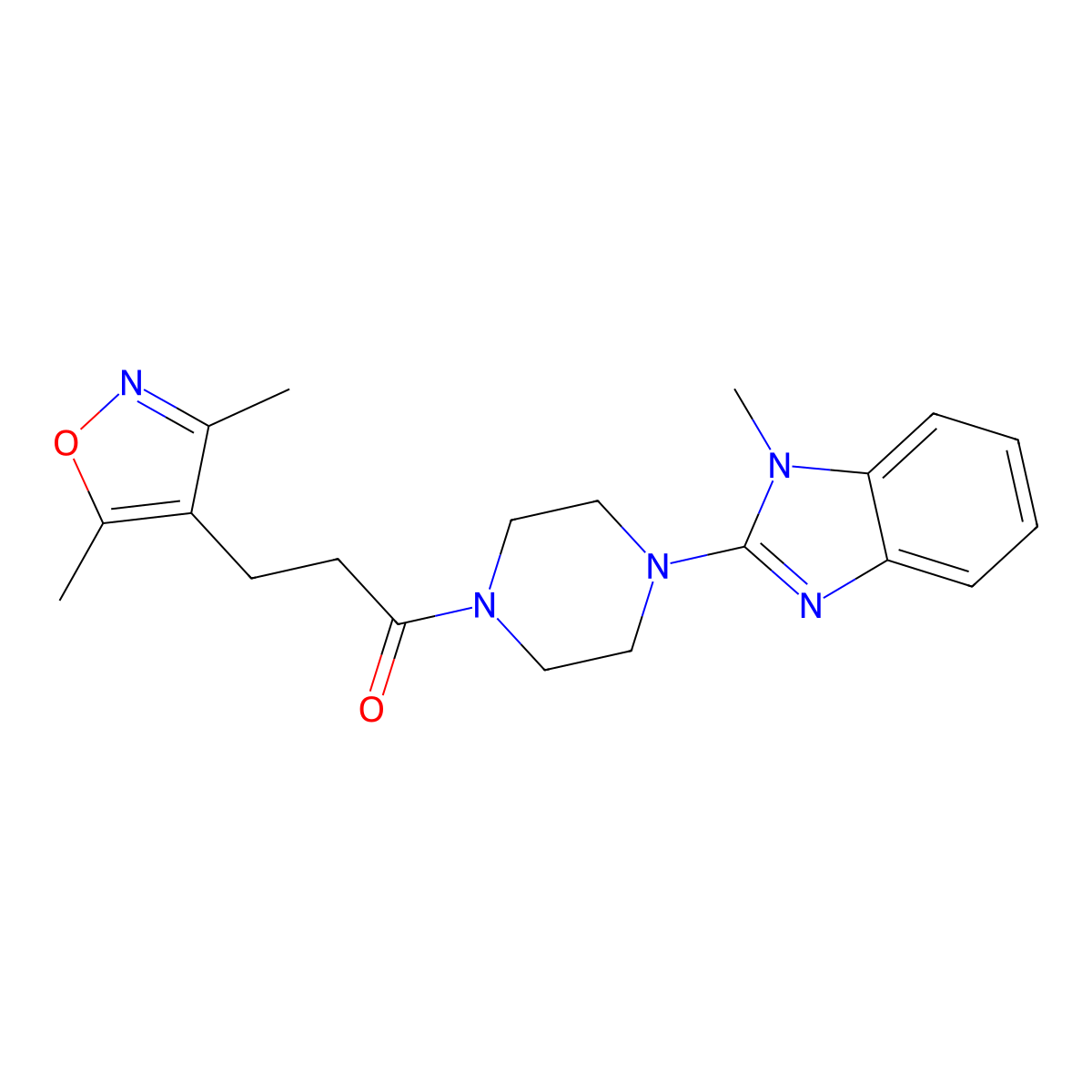 3-(3,5-dimethyl-4-isoxazolyl)-1-[4-(1-methyl-1H-1,3-benzimidazol-2-yl)piperazino]-1-propanone molecular structure, CAS 1574364-53-6