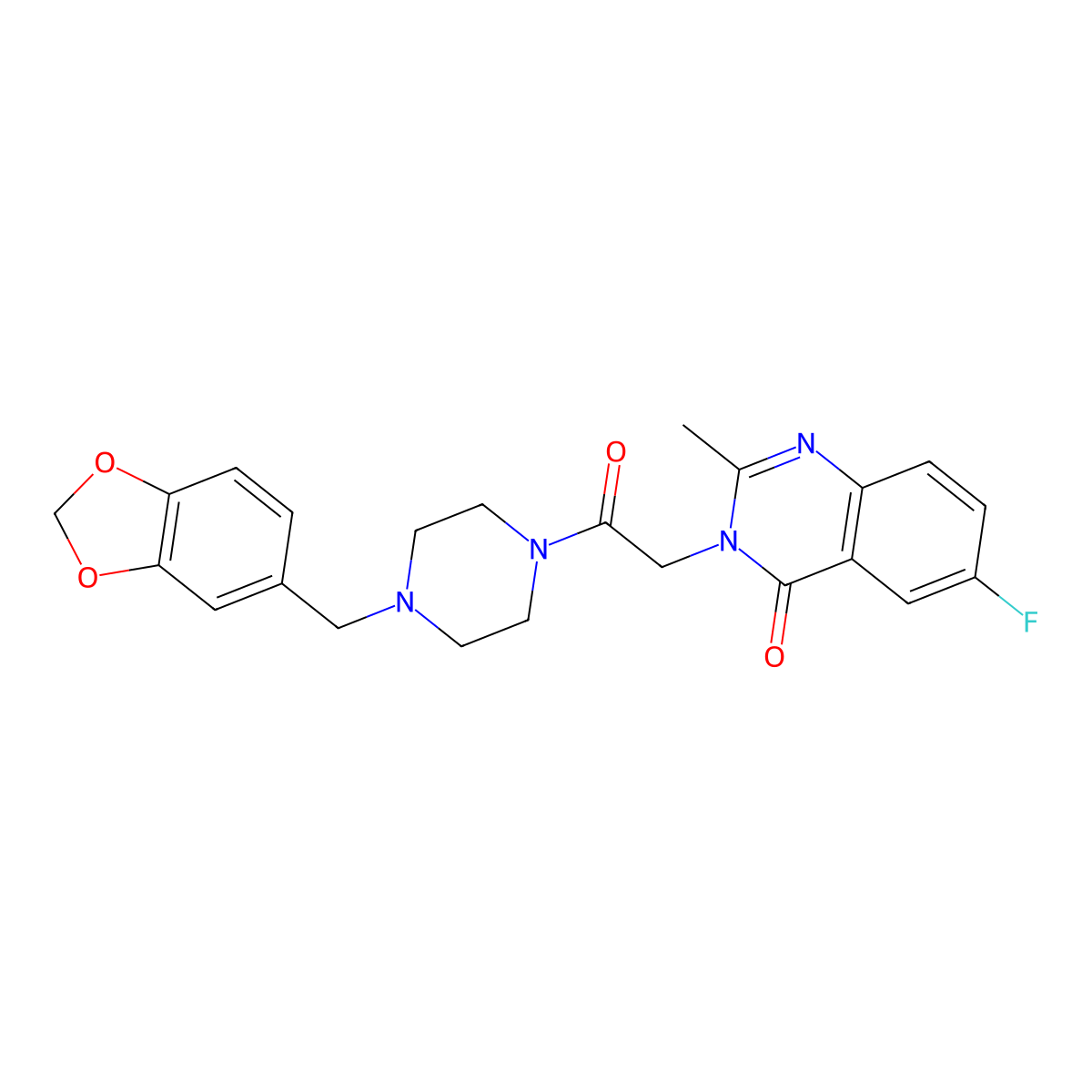 3-{2-[4-(1,3-benzodioxol-5-ylmethyl)piperazin-1-yl]-2-oxoethyl}-6-fluoro-2-methylquinazolin-4(3H)-one molecular structure, CAS 1574364-62-7