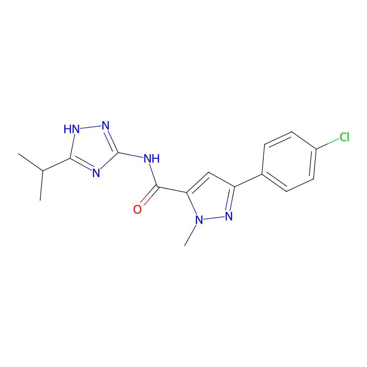 1H-Pyrazole-5-carboxamide, 3-(4-chlorophenyl)-1-methyl-N-[3-(1-methylethyl)-1H-1,2,4-triazol-5-yl]- molecular structure, CAS 1574365-91-5