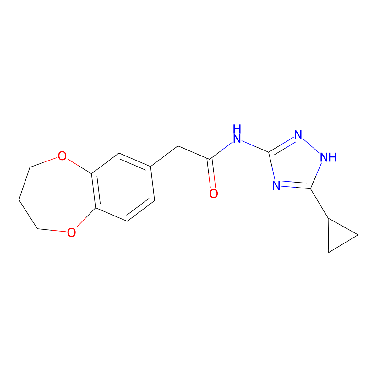 N-(3-cyclopropyl-1H-1,2,4-triazol-5-yl)-2-(3,4-dihydro-2H-1,5-benzodioxepin-7-yl)acetamide molecular structure, CAS 1574366-09-8