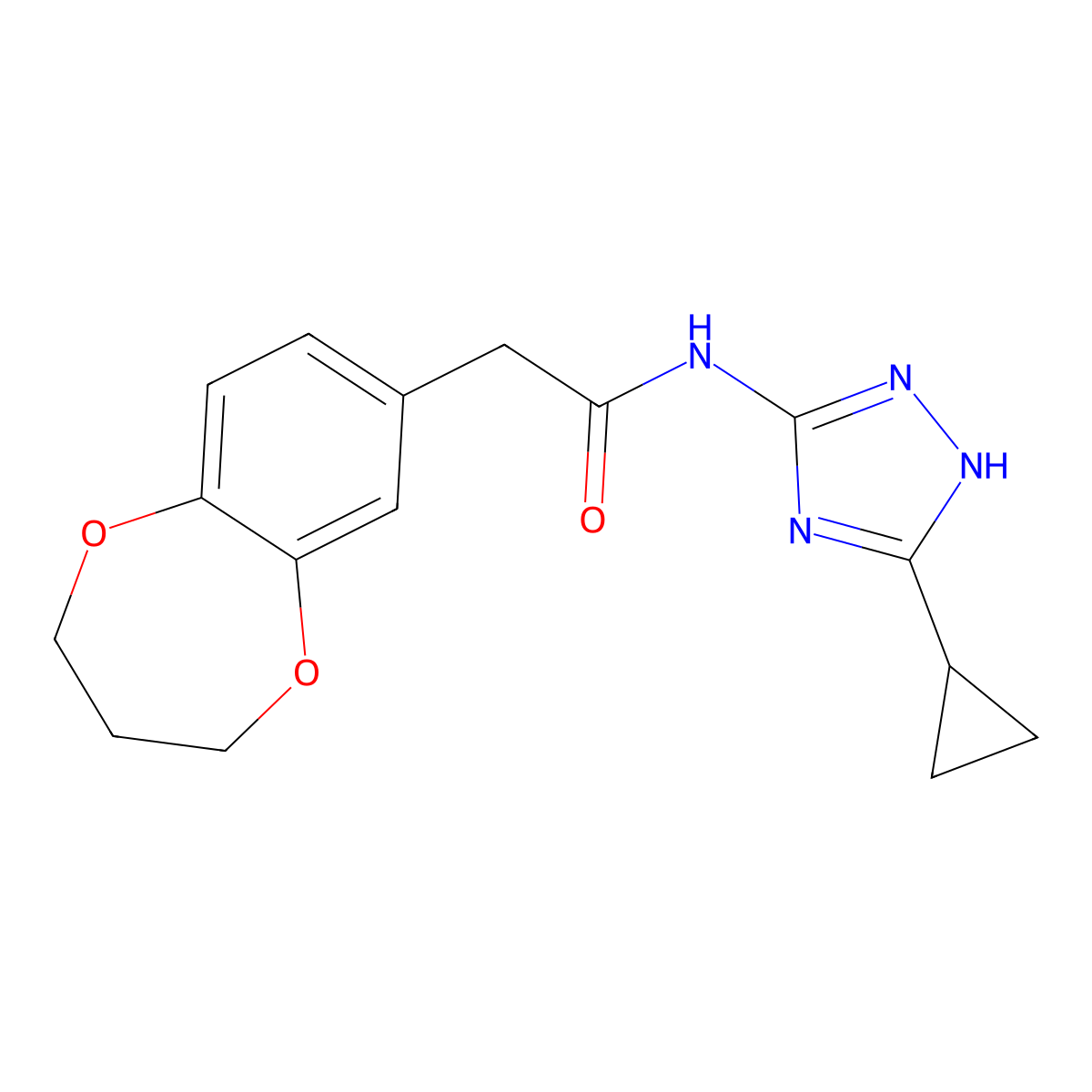 N-(3-cyclopropyl-1H-1,2,4-triazol-5-yl)-2-(3,4-dihydro-2H-1,5-benzodioxepin-7-yl)acetamide molecular structure, CAS 1574366-09-8