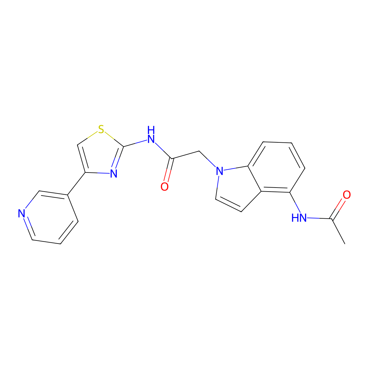 2-(4-acetamido-1H-indol-1-yl)-N-(4-(pyridin-3-yl)thiazol-2-yl)acetamide molecular structure, CAS 1574366-36-1