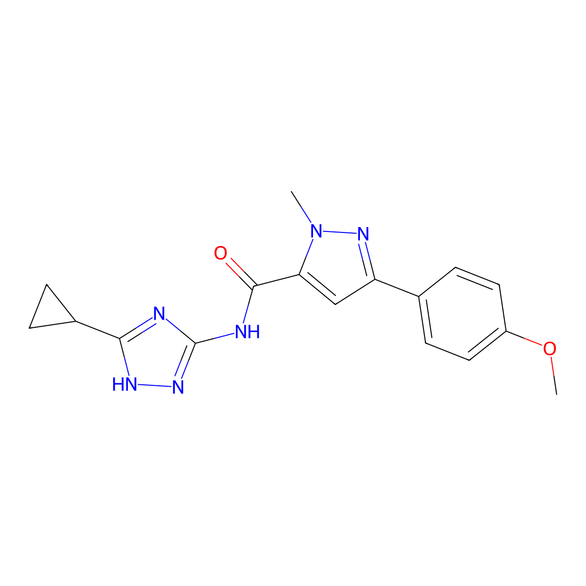 N-(3-cyclopropyl-1H-1,2,4-triazol-5-yl)-3-(4-methoxyphenyl)-1-methyl-1H-pyrazole-5-carboxamide molecular structure, CAS 1574376-94-5