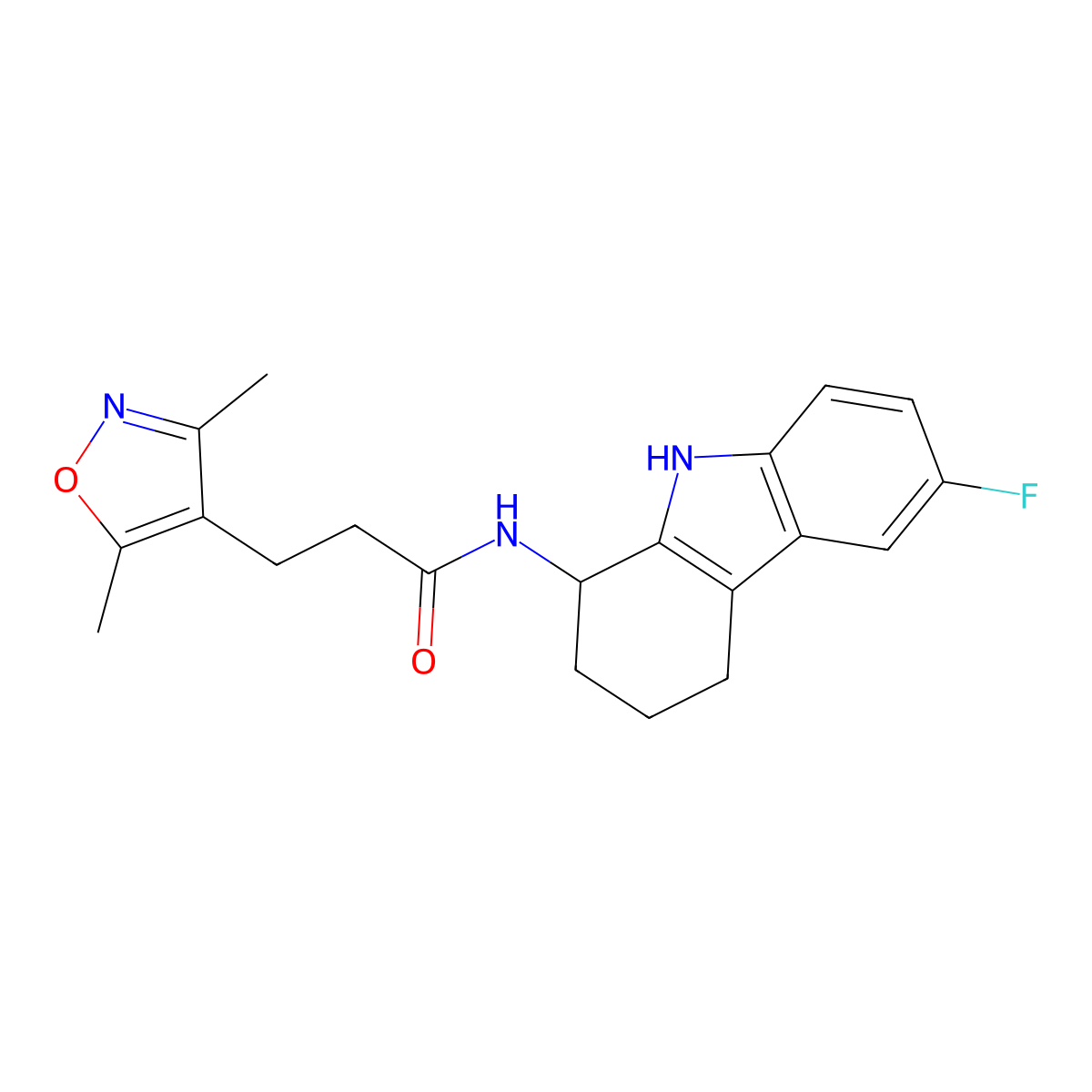 3-(3,5-dimethyl-4-isoxazolyl)-N-(6-fluoro-2,3,4,9-tetrahydro-1H-carbazol-1-yl)propanamide molecular structure, CAS 1574377-13-1