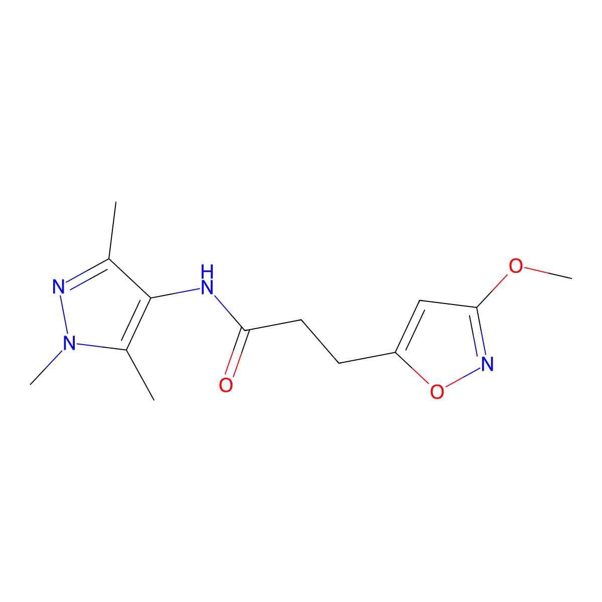 3-(3-methoxy-1,2-oxazol-5-yl)-N-(1,3,5-trimethyl-1H-pyrazol-4-yl)propanamide molecular structure, CAS 1574377-41-5