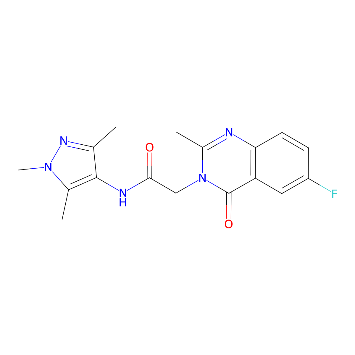 2-(6-fluoro-2-methyl-4-oxoquinazolin-3(4H)-yl)-N-(1,3,5-trimethyl-1H-pyrazol-4-yl)acetamide molecular structure, CAS 1574377-65-3