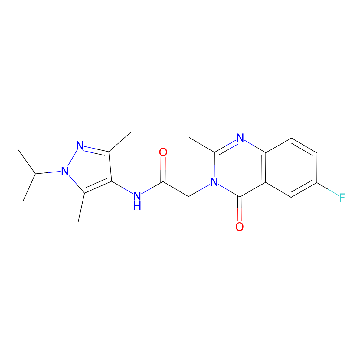 N-[3,5-dimethyl-1-(propan-2-yl)-1H-pyrazol-4-yl]-2-(6-fluoro-2-methyl-4-oxoquinazolin-3(4H)-yl)acetamide molecular structure, CAS 1574378-11-2