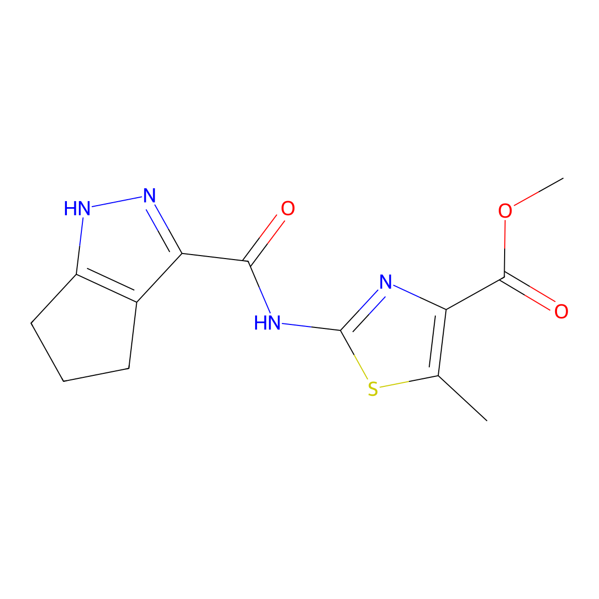 Methyl 5-methyl-2-[(2,4,5,6-tetrahydrocyclopenta[c]pyrazol-3-ylcarbonyl)amino]-1,3-thiazole-4-carboxylate molecular structure, CAS 1574378-26-9