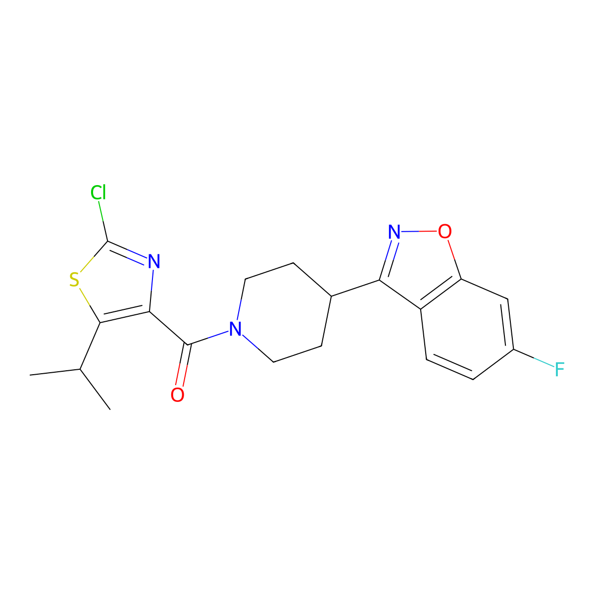 [2-Chloro-5-(propan-2-yl)-1,3-thiazol-4-yl][4-(6-fluoro-1,2-benzoxazol-3-yl)piperidin-1-yl]methanone molecular structure, CAS 1574379-17-1